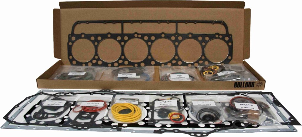 Zestaw uszczelek i elementów uszczelniających marki Bulldog, zapakowanych w kartonowe pudełko.