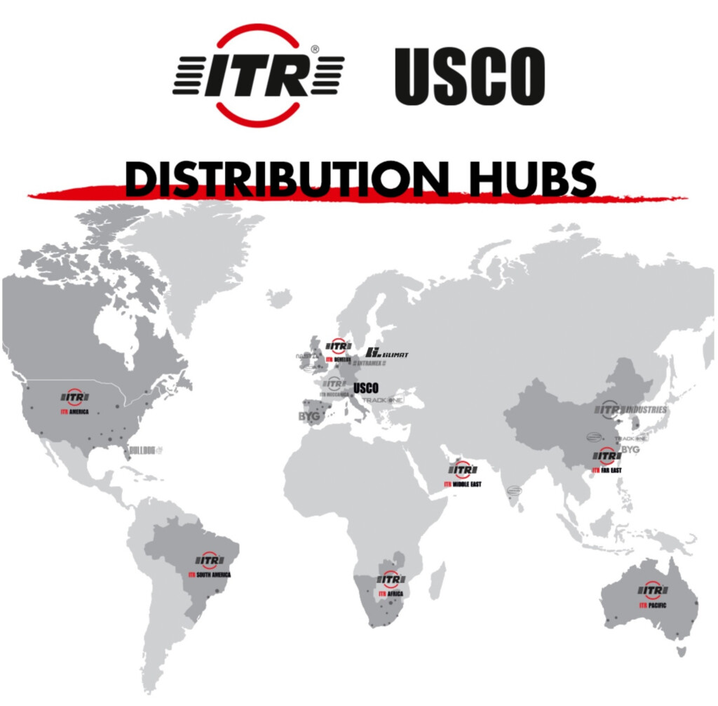 Mapa świata z zaznaczonymi hubami dystrybucyjnymi firmy ITR i USCO.