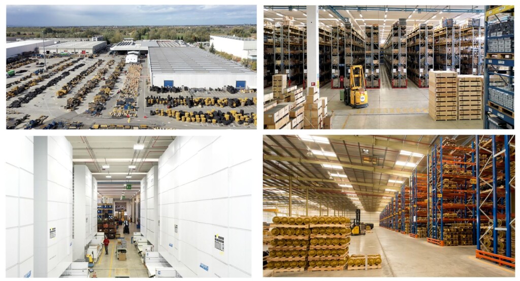 Kolaż czterech zdjęć przedstawiających różne magazyny i przestrzenie magazynowe.