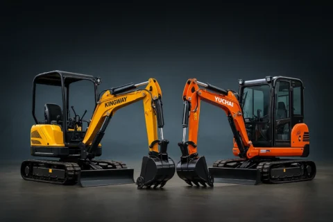 Minikoparki Kingway i Yuchai ustawione obok siebie na ciemnym tle