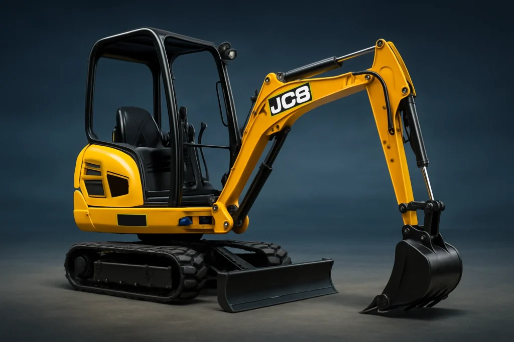 Minikoparka JCB 8014 – kompaktowa koparka gąsienicowa na ciemnym tle