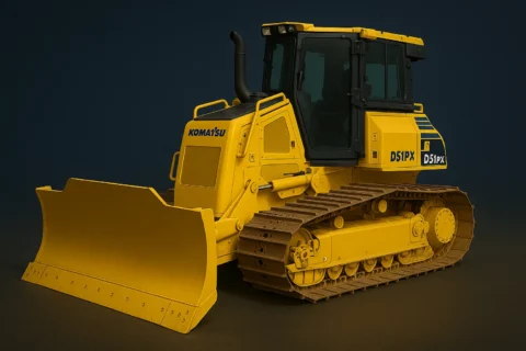 Spycharka Komatsu D51PX w widoku z przodu i boku, żółta maszyna gąsienicowa z szerokim lemieszem