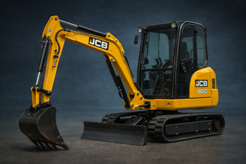 Minikoparka JCB 8020 na gąsienicach z łyżką i lemieszem
