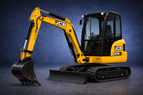 Minikoparka JCB 8018 CTS na gąsienicach, z łyżką koparkową i lemieszem, widok boczny w studio