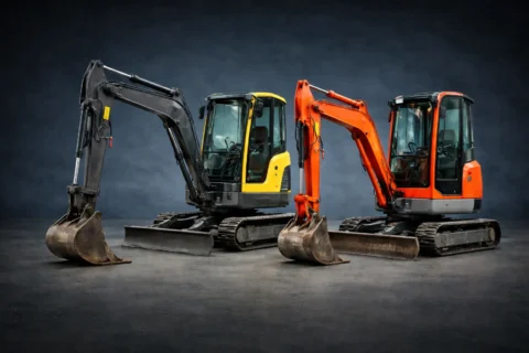 Dwie minikoparki gąsienicowe w studio na ciemnym tle, maszyny klasy około 2–3 ton z łyżkami i lemieszami