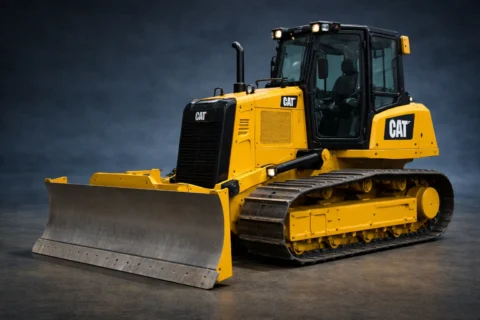 Spycharka gąsienicowa Caterpillar Cat D4 z lemieszem VPAT w ujęciu studyjnym 3/4, widoczne podwozie i kabina operatora