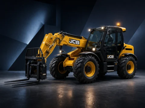Ładowarka teleskopowa JCB 541-70 podczas pracy z łyżką na budowie